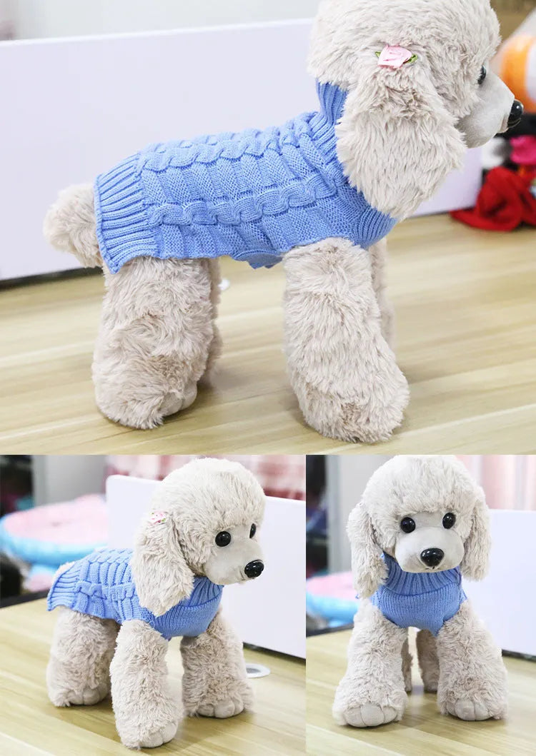 Cashmere twisted rope dog sweater in wool material showing twisted rope detailing and available colour options