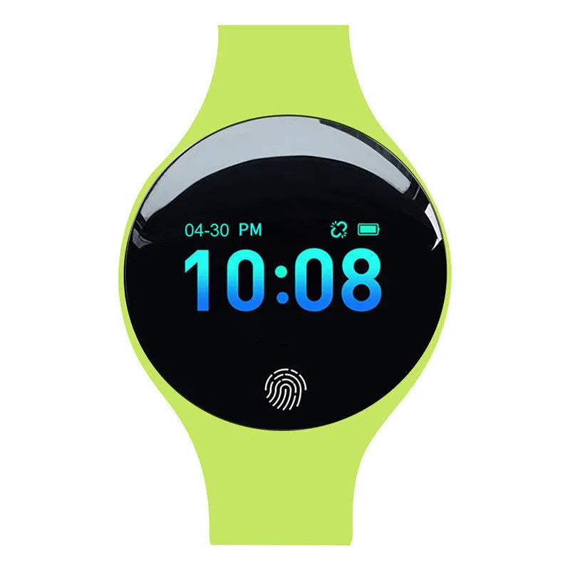 Blue smart watch with fitness tracker on wrist showing 0.66 inch screen and Bluetooth connectivity.