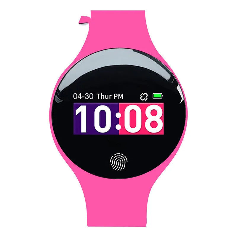 Blue smart watch with fitness tracker on wrist showing 0.66 inch screen and Bluetooth connectivity.
