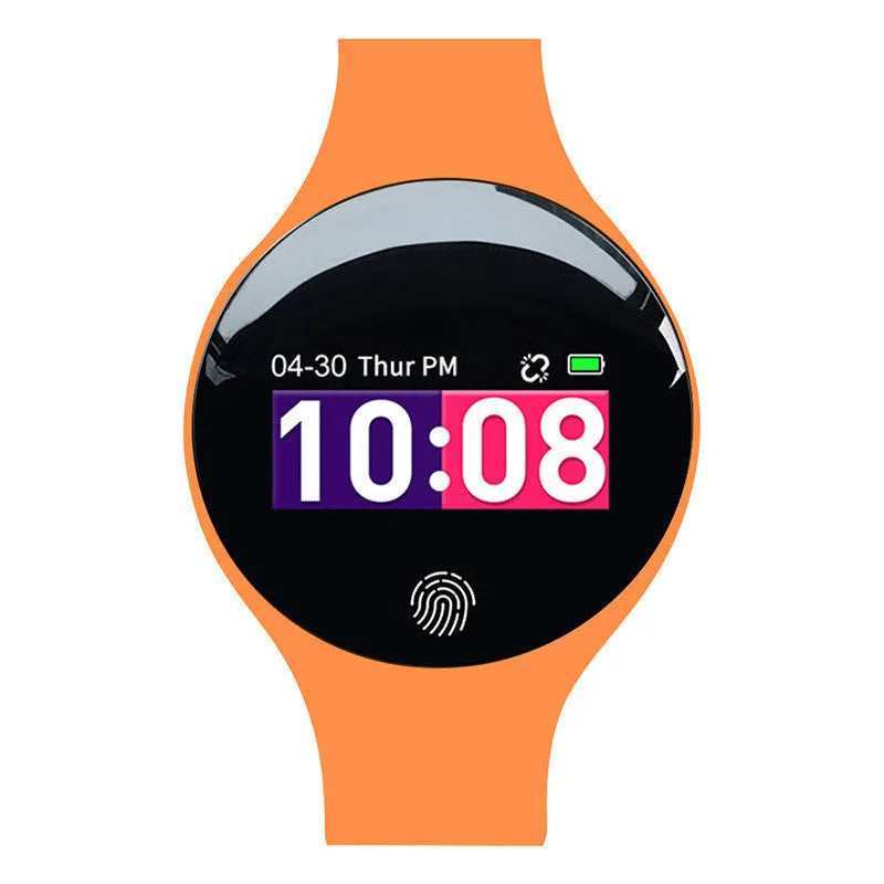 Blue smart watch with fitness tracker on wrist showing 0.66 inch screen and Bluetooth connectivity.