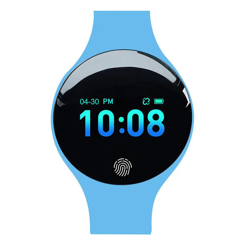 Blue smart watch with fitness tracker on wrist showing 0.66 inch screen and Bluetooth connectivity.