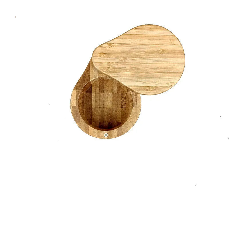 Bamboo seasoning box with a bamboo spoon in single compartment, double round, and pear-shaped designs.