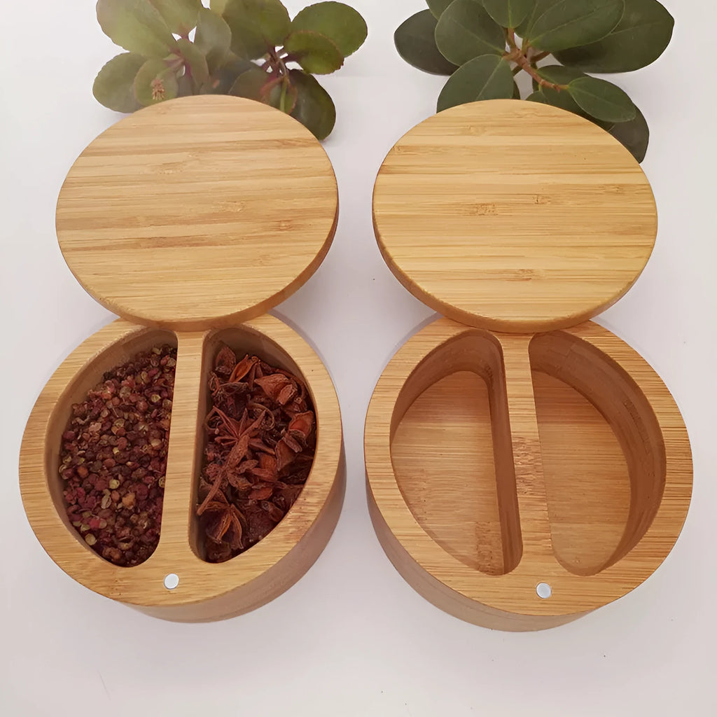 Bamboo seasoning box with a bamboo spoon in single compartment, double round, and pear-shaped designs.