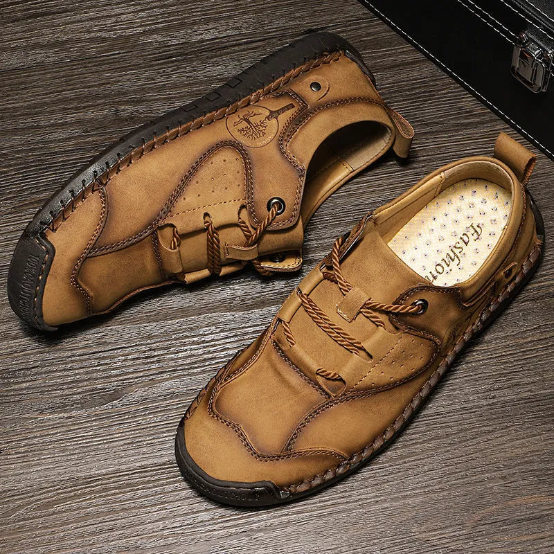 Men's plain casual leather shoes in black, gold, and khaki with a round toe and microfiber upper.