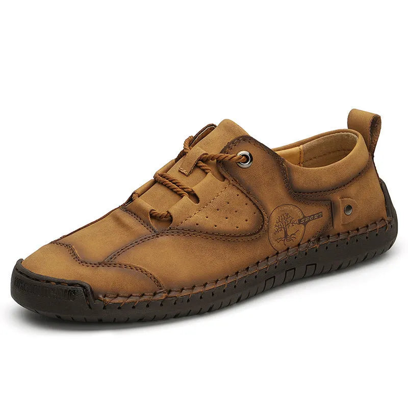 Men's plain casual leather shoes in black, gold, and khaki with a round toe and microfiber upper.