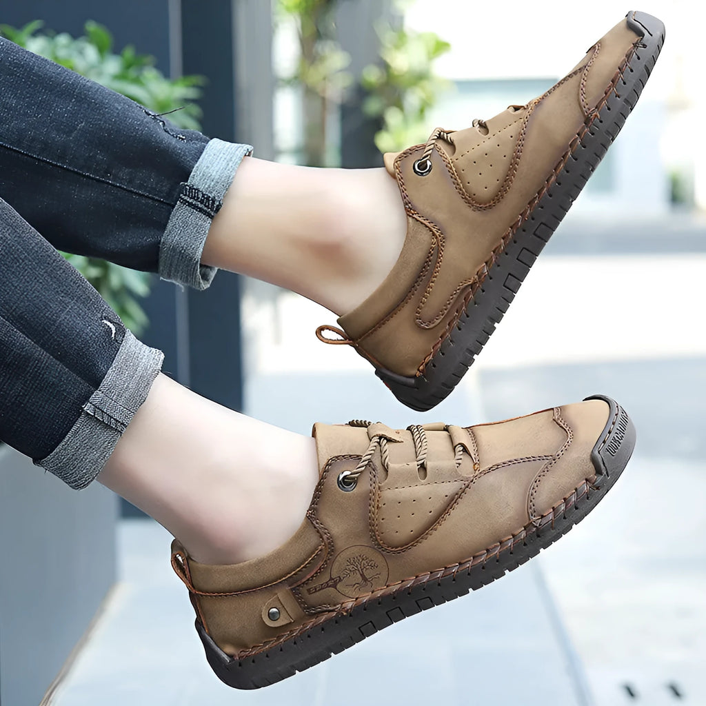 Men's plain casual leather shoes in black, gold, and khaki with a round toe and microfiber upper.