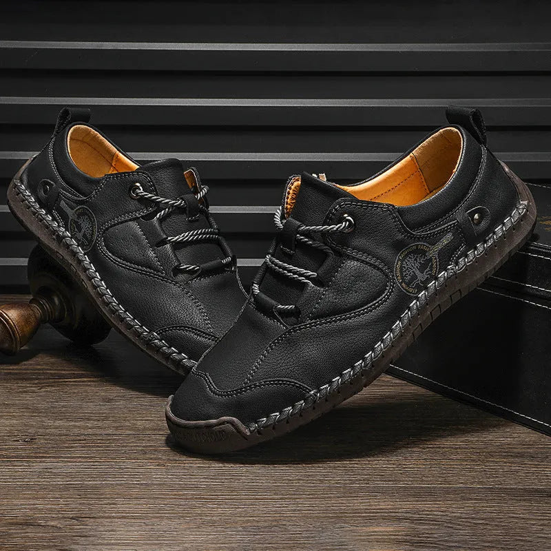 Men's plain casual leather shoes in black, gold, and khaki with a round toe and microfiber upper.
