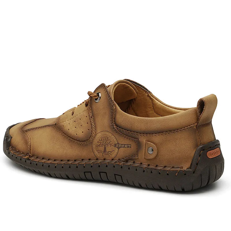 Men's plain casual leather shoes in black, gold, and khaki with a round toe and microfiber upper.
