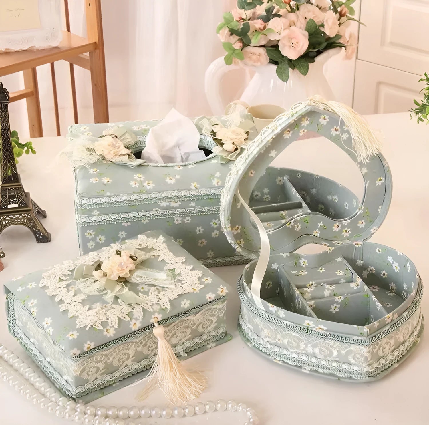 Ceramic jewellery and tissue box in bright colour with separate compartments for jewellery storage and tissue dispensing