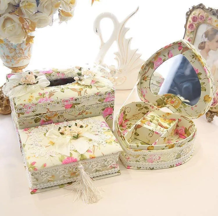 Ceramic jewellery and tissue box in bright colour with separate compartments for jewellery storage and tissue dispensing