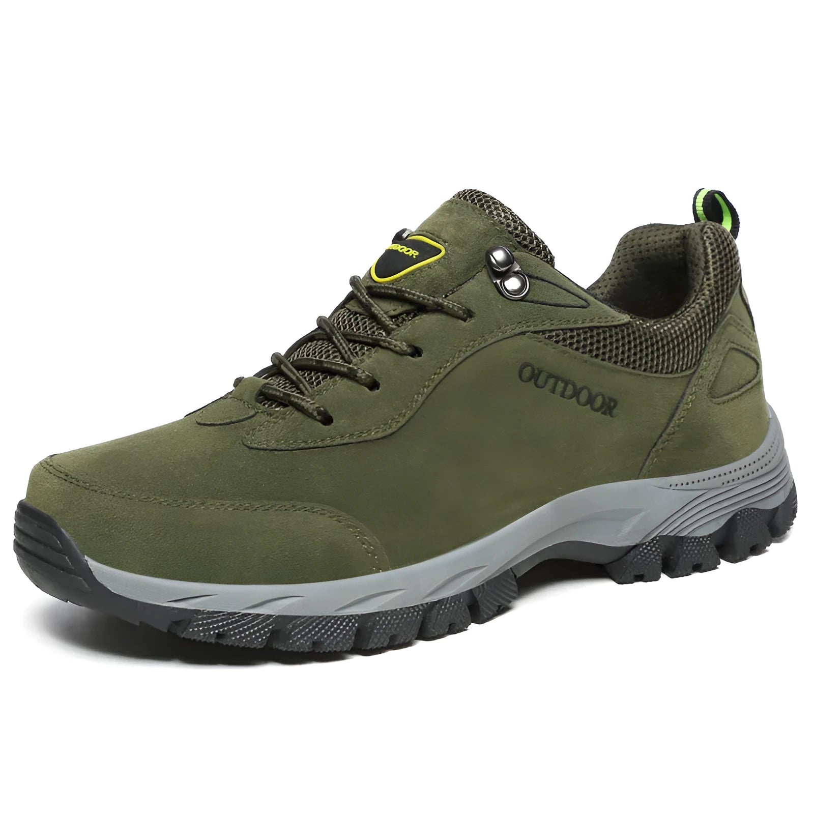Men's low-top outdoor walking shoes in army green, available in large sizes up to 49.