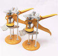 Metal tile raising locator tool with adjustable height mechanism on a work surface.