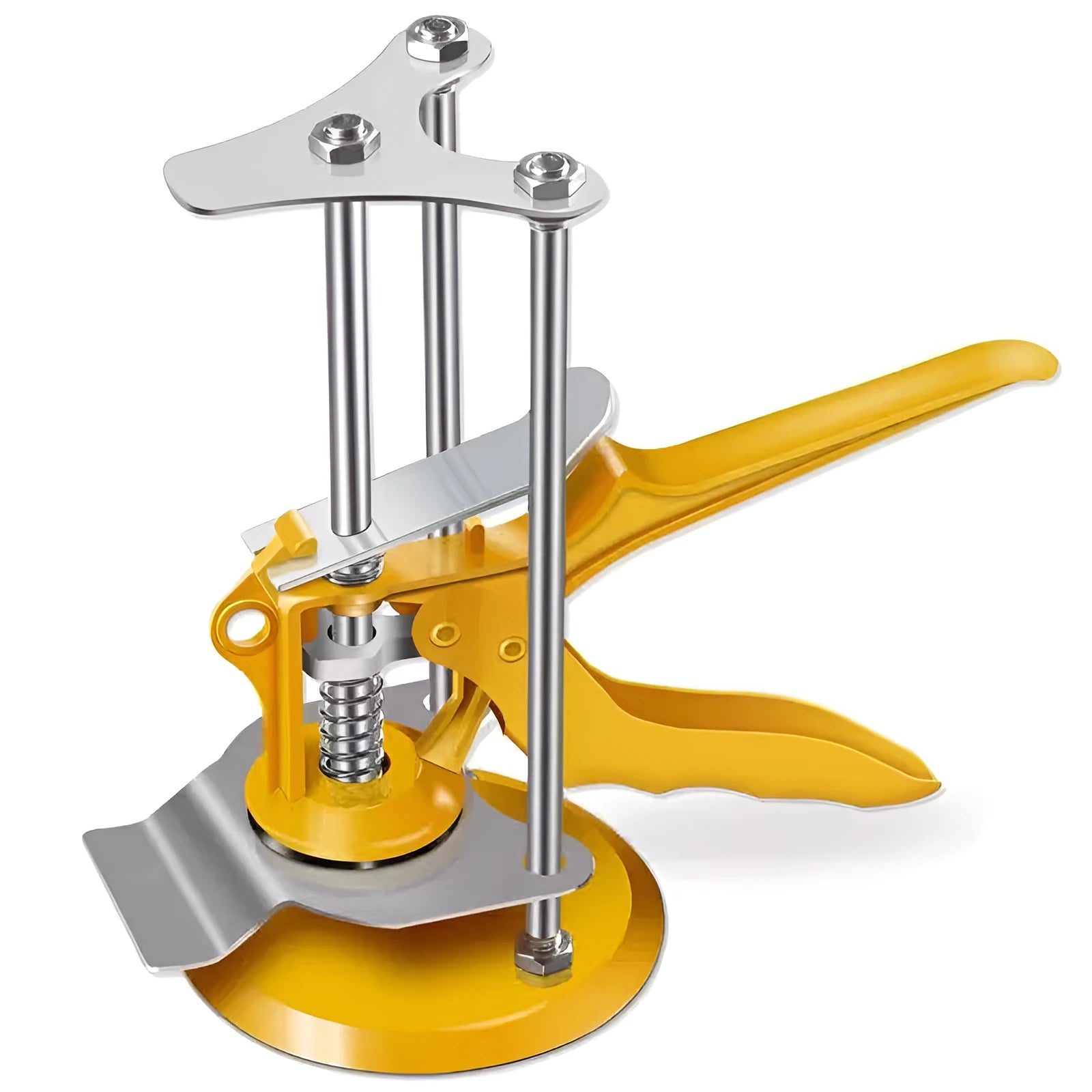 Metal tile raising locator tool with adjustable height mechanism on a work surface.