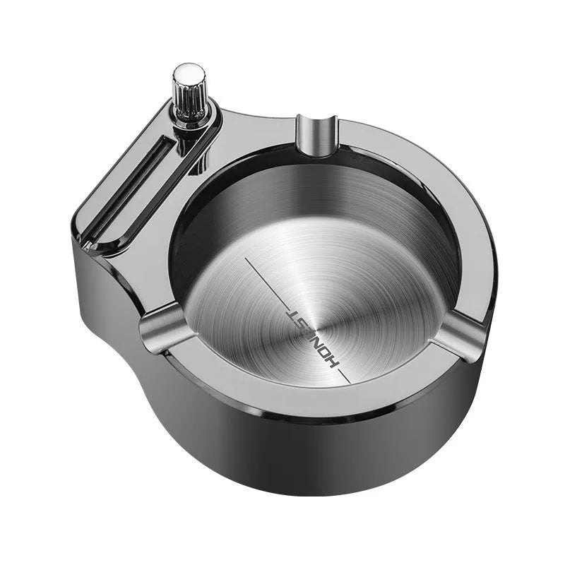 Large stainless steel ashtray with permanent match lighter in blue colour showing cigarette slots