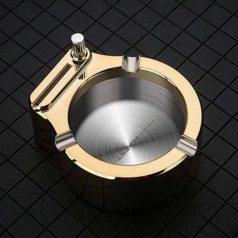 Large stainless steel ashtray with permanent match lighter in blue colour showing cigarette slots
