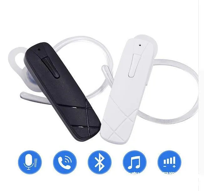 Black or white wireless Bluetooth headset with earplug design showing 10 metre range capability