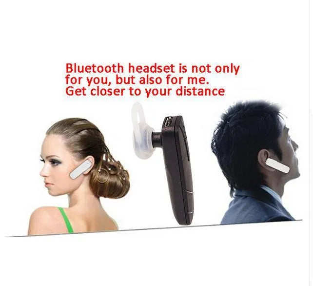 Black or white wireless Bluetooth headset with earplug design showing 10 metre range capability