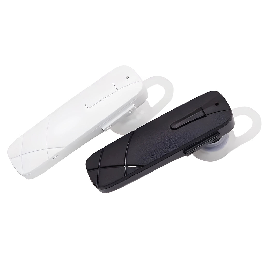 Black or white wireless Bluetooth headset with earplug design showing 10 metre range capability