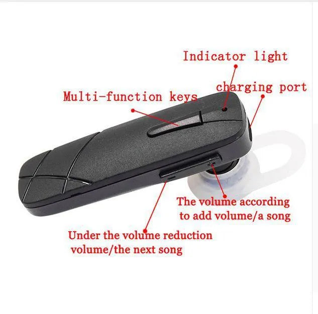 Black or white wireless Bluetooth headset with earplug design showing 10 metre range capability