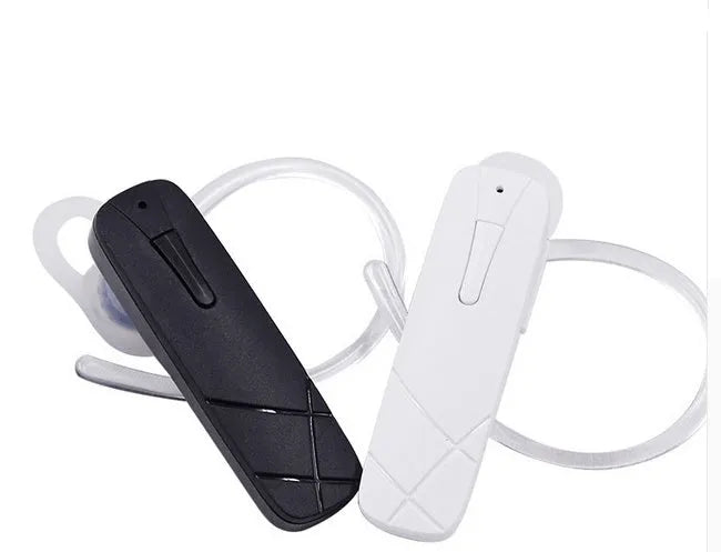 Black or white wireless Bluetooth headset with earplug design showing 10 metre range capability