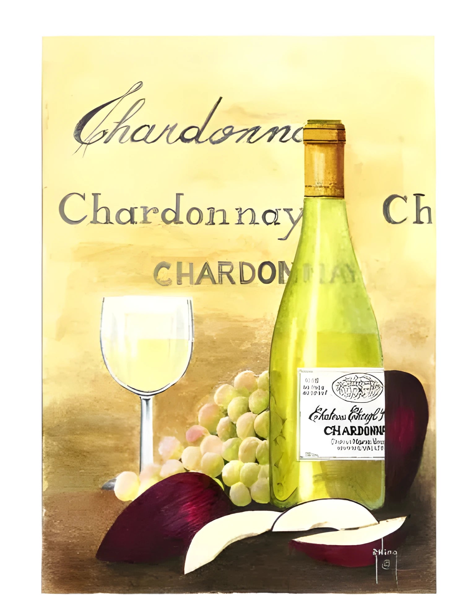 DIY digital painting kit for Apple and Chardonnay scene with linen canvas, paints, and brush.