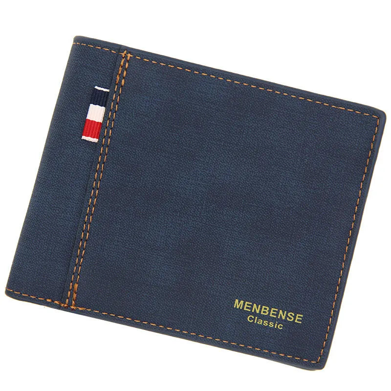 Large capacity tri-fold men's wallet in black, navy blue, dark brown or light brown with card slots and ID window