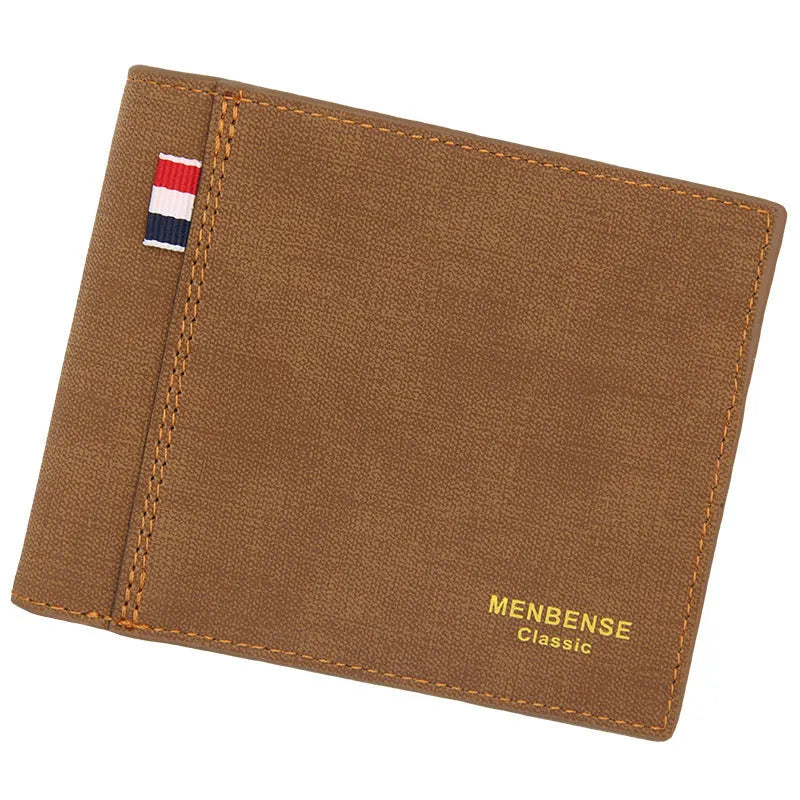 Large capacity tri-fold men's wallet in black, navy blue, dark brown or light brown with card slots and ID window
