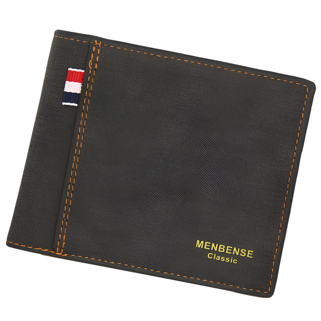 Large capacity tri-fold men's wallet in black, navy blue, dark brown or light brown with card slots and ID window