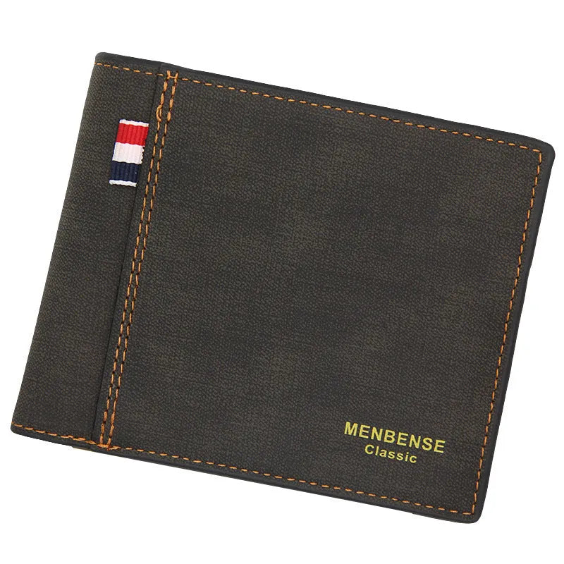 Large capacity tri-fold men's wallet in black, navy blue, dark brown or light brown with card slots and ID window