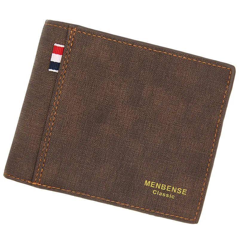 Large capacity tri-fold men's wallet in black, navy blue, dark brown or light brown with card slots and ID window