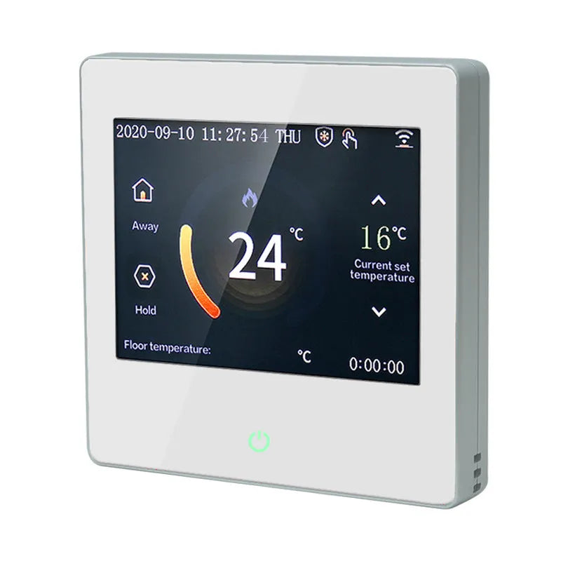 Smart thermostat heating controller in white, 86x86x13mm, with concealed installation and digital display showing 21°C