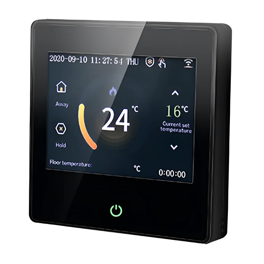 Smart thermostat heating controller in white, 86x86x13mm, with concealed installation and digital display showing 21°C