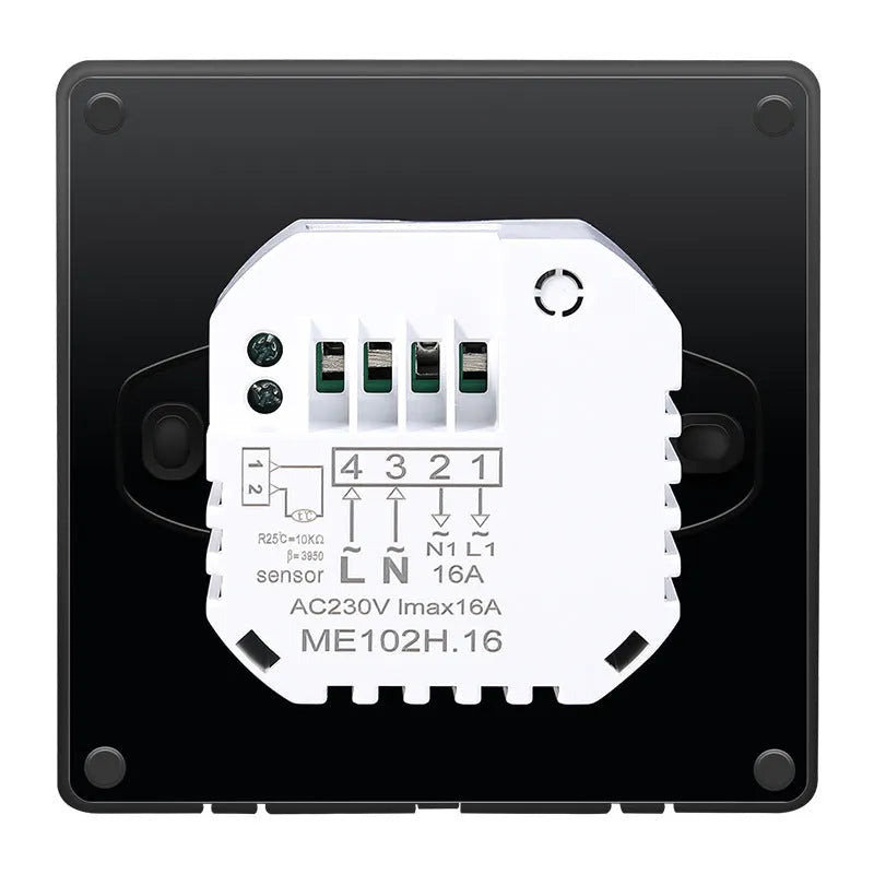 Smart thermostat heating controller in white, 86x86x13mm, with concealed installation and digital display showing 21°C