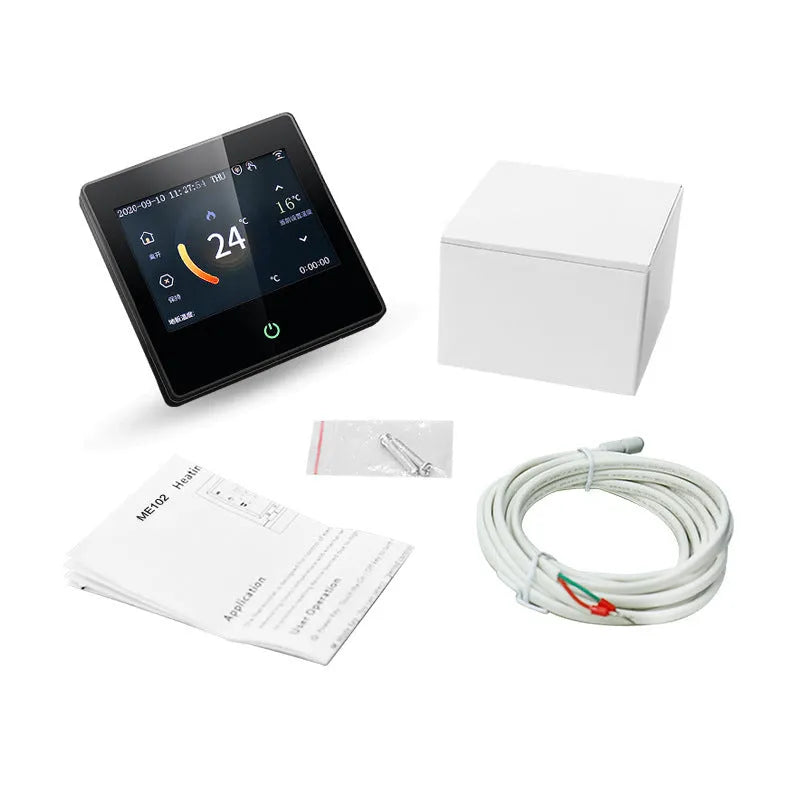 Smart thermostat heating controller in white, 86x86x13mm, with concealed installation and digital display showing 21°C