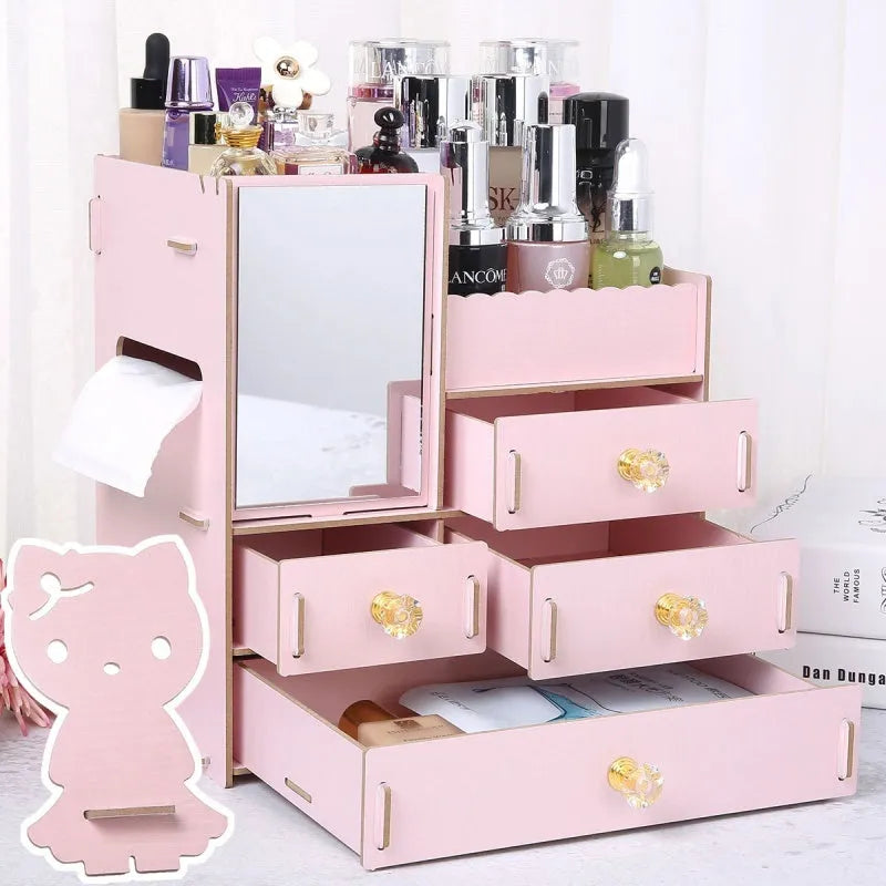 Wooden cosmetic storage box with drawer open showing internal compartments