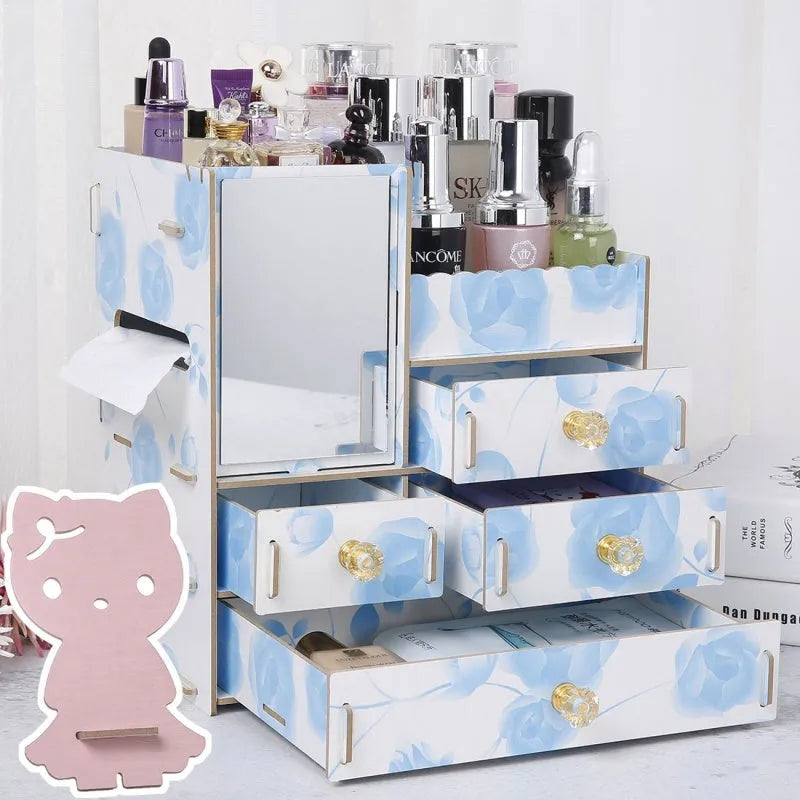 Wooden cosmetic storage box with drawer open showing internal compartments