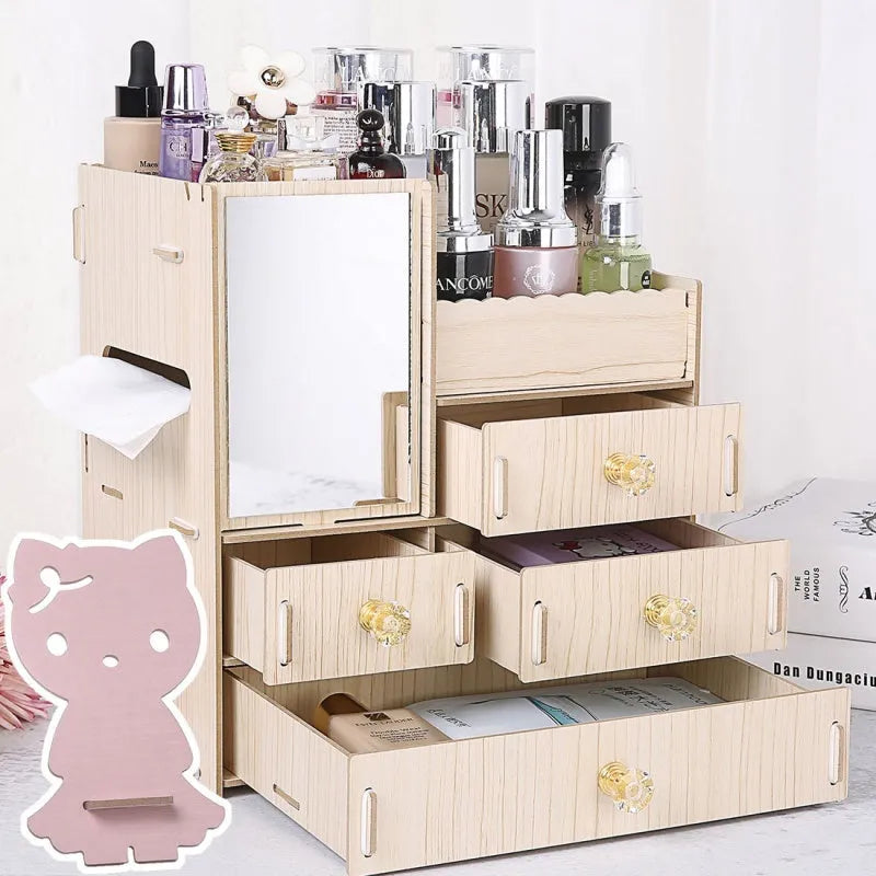 Wooden cosmetic storage box with drawer open showing internal compartments