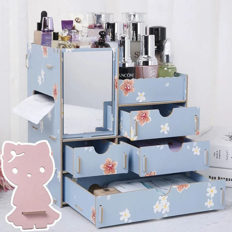 Wooden cosmetic storage box with drawer open showing internal compartments
