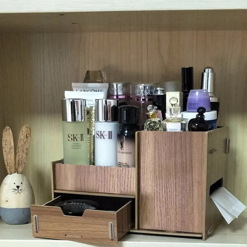 Wooden cosmetic storage box with drawer open showing internal compartments