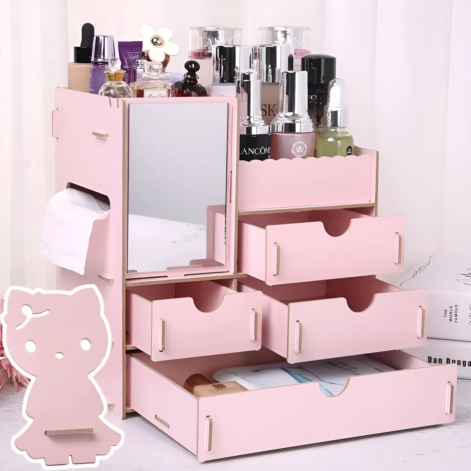Wooden cosmetic storage box with drawer open showing internal compartments