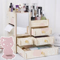 Wooden cosmetic storage box with drawer open showing internal compartments
