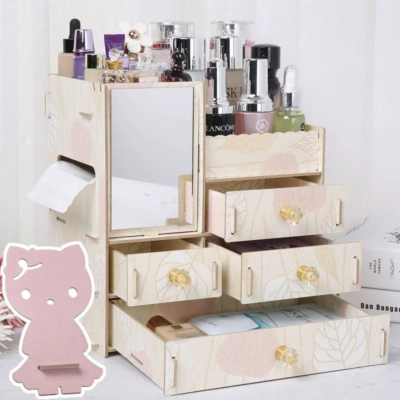 Wooden cosmetic storage box with drawer open showing internal compartments