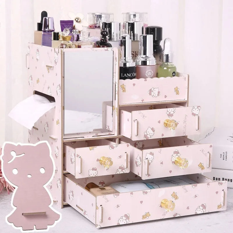 Wooden cosmetic storage box with drawer open showing internal compartments
