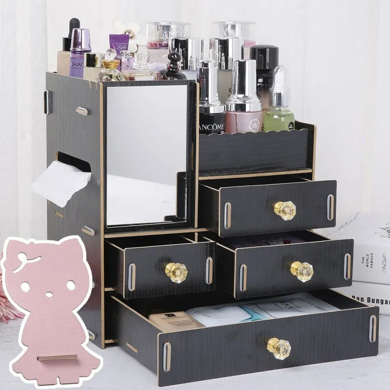 Wooden cosmetic storage box with drawer open showing internal compartments