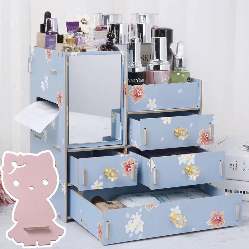 Wooden cosmetic storage box with drawer open showing internal compartments