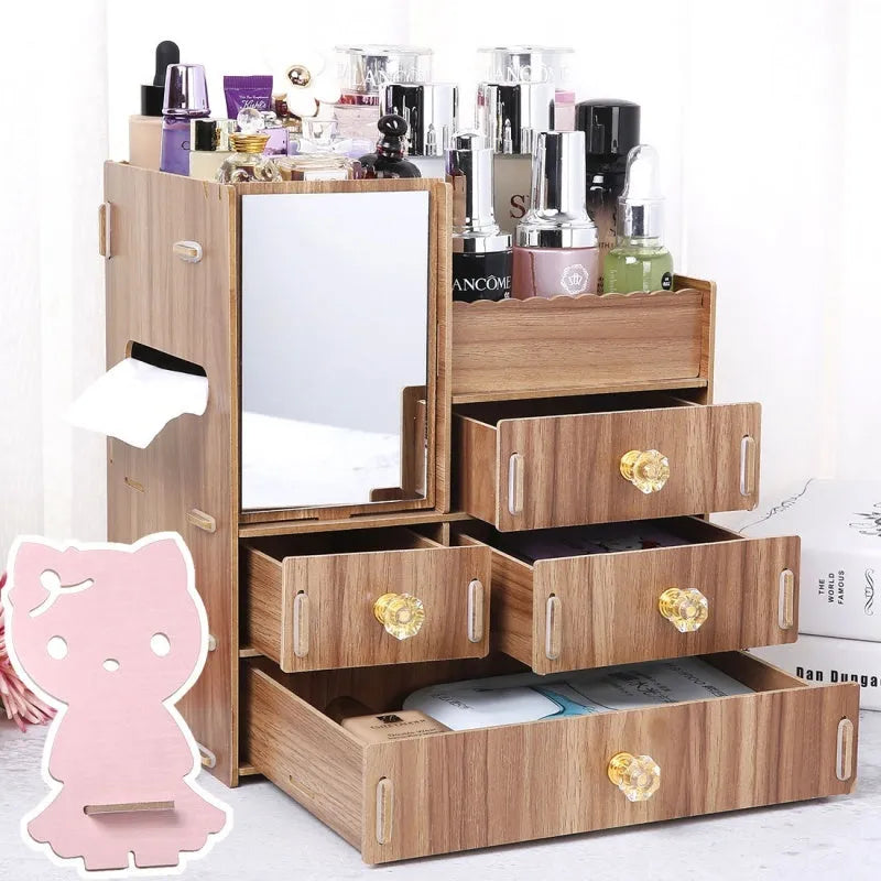 Wooden cosmetic storage box with drawer open showing internal compartments