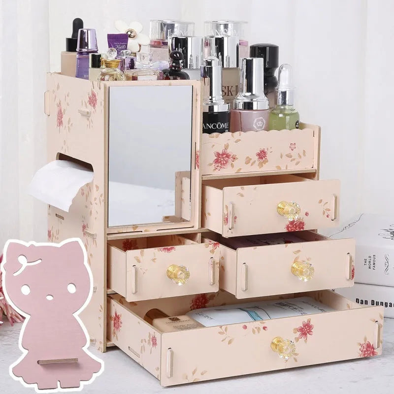 Wooden cosmetic storage box with drawer open showing internal compartments