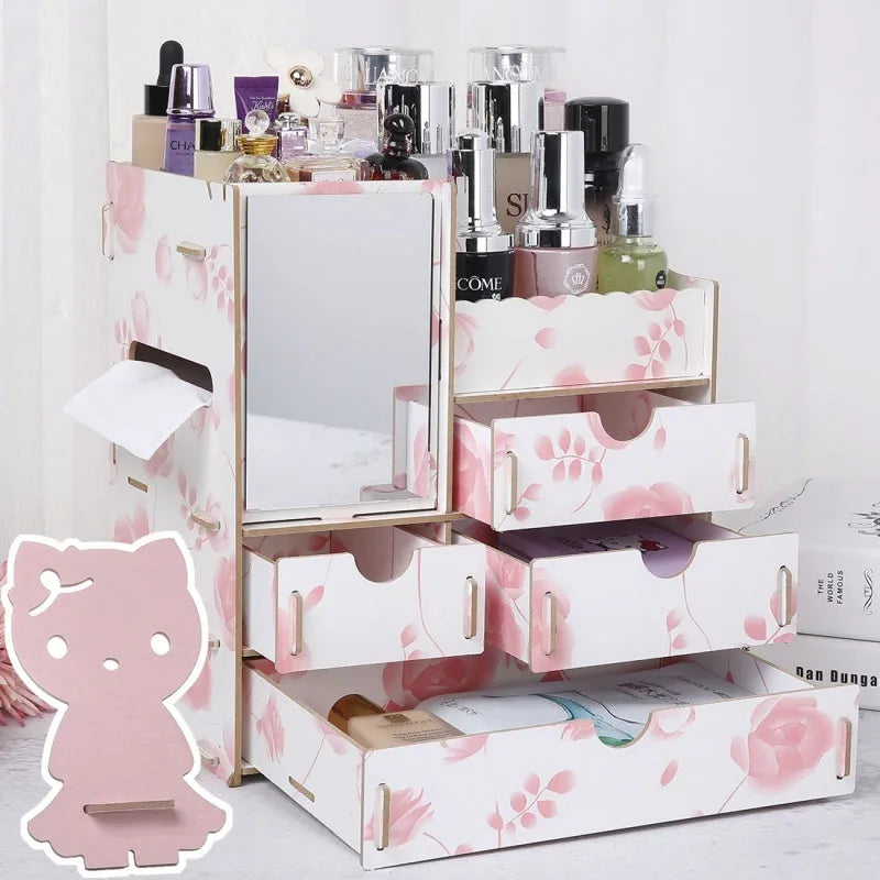 Wooden cosmetic storage box with drawer open showing internal compartments
