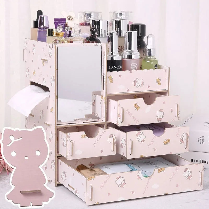 Wooden cosmetic storage box with drawer open showing internal compartments