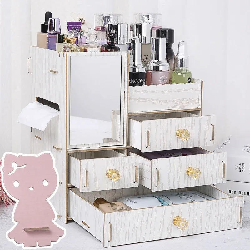 Wooden cosmetic storage box with drawer open showing internal compartments